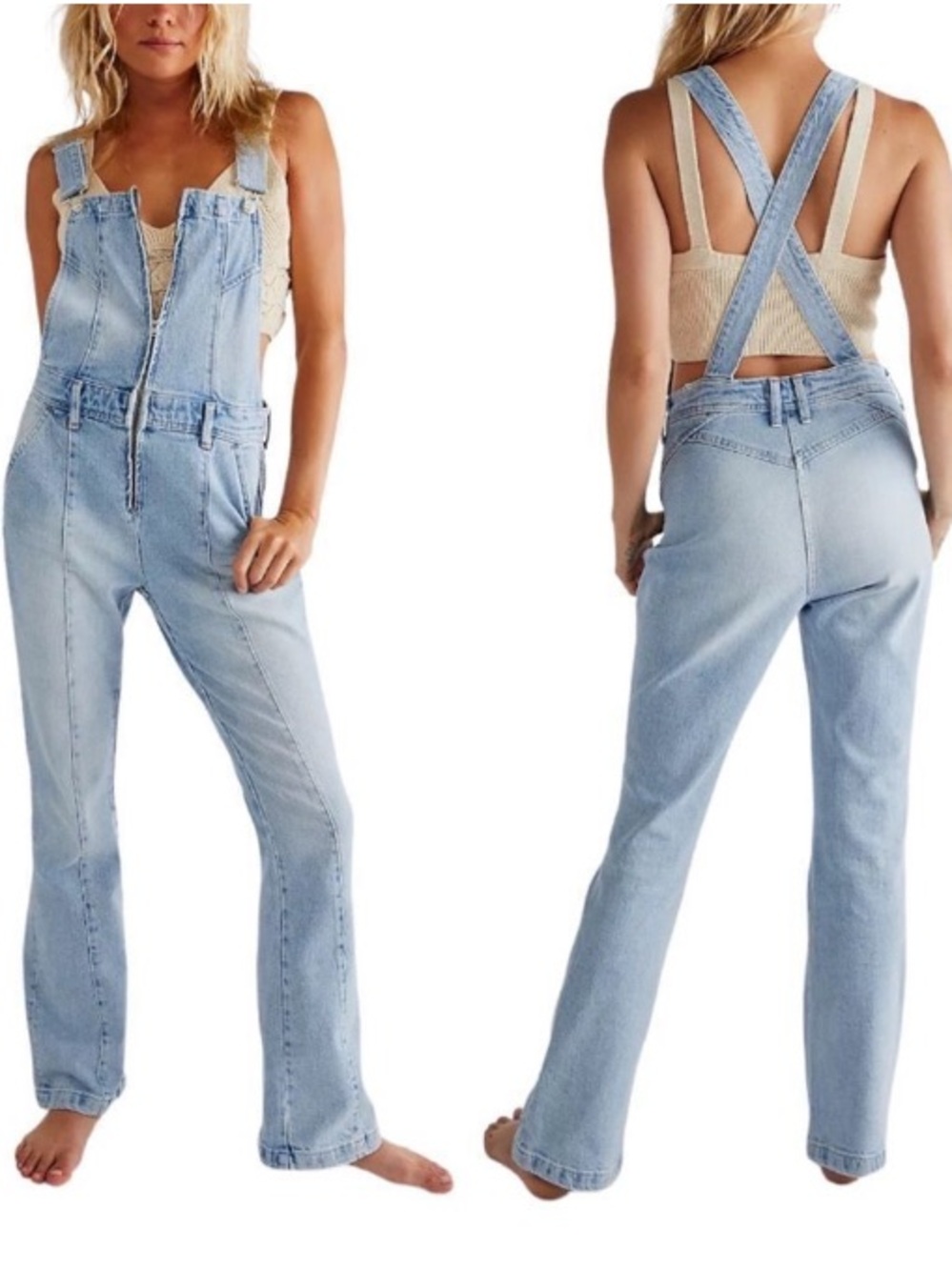 Free People We The Free Camilla Overalls Light Blue Denim Slim Flare-Size Large